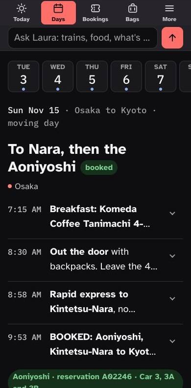 Trip app screen: a day in Japan, Osaka to Kyoto, with times, trains and a booking code