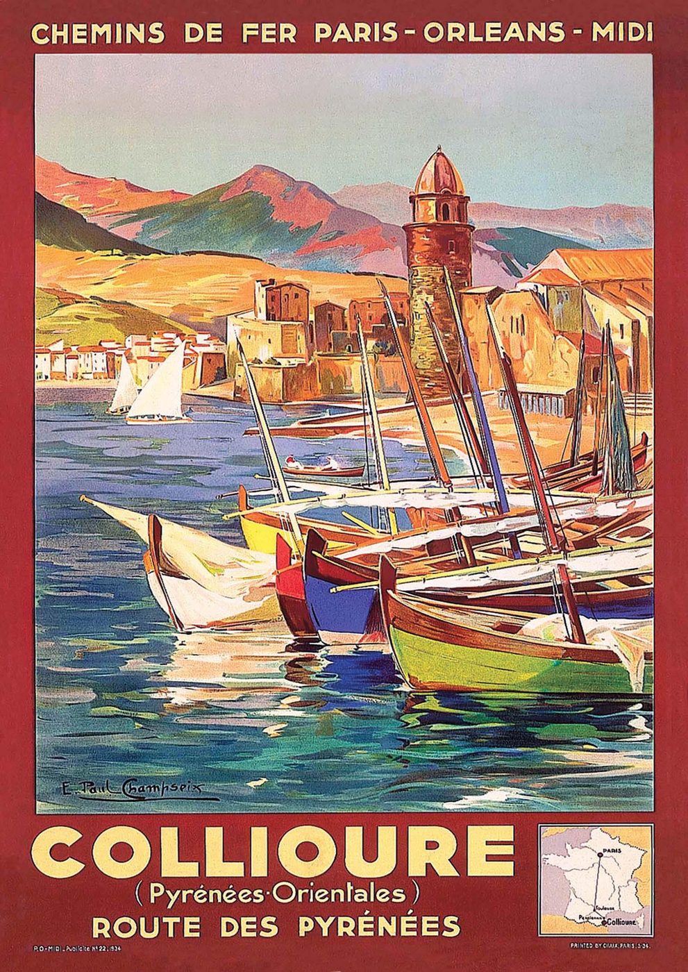 Detail of a railway poster: painted fishing boats in the harbour at Collioure, France